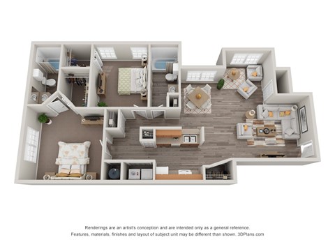 Floor plan for 2 beds, 2 baths, 1289 sqft